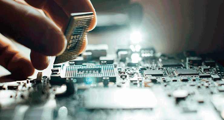 Uma pessoa segurando um chip na frente da placa-mãe de um computador