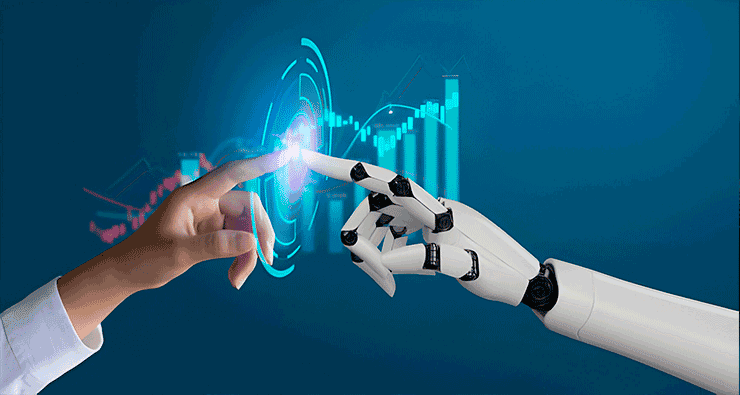 Um robô tocando uma mão humana com um gráfico ao fundo