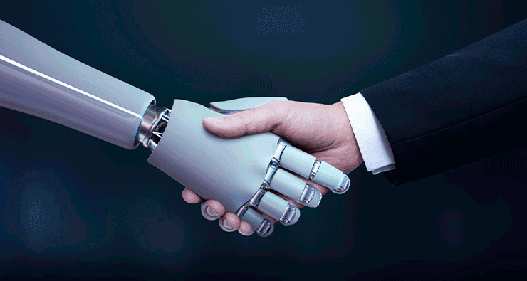 Uma pessoa apertando a mão de outra pessoa com um braço robótico
