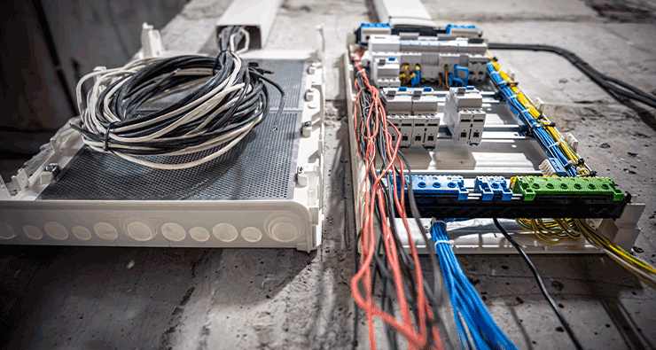 Quadro de distribuição com muitos interruptores e cabos de fibra ótica.
