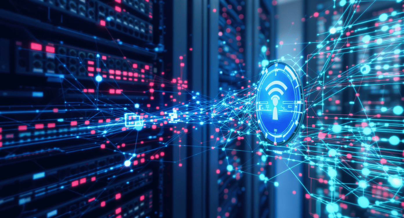 Ilustração digital de rede sem fio integrada a servidores em data center