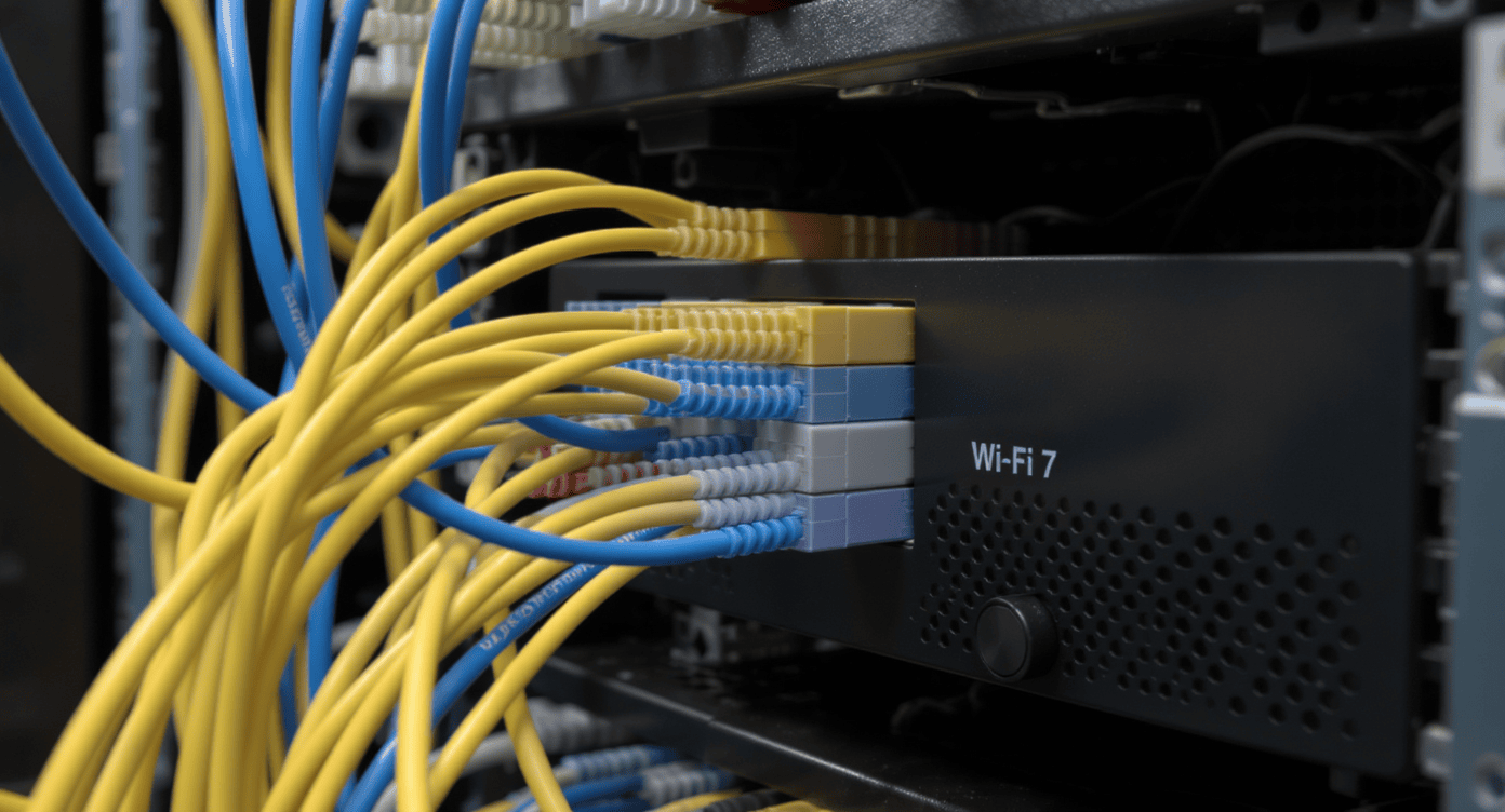 Equipamento de rede com cabos conectados a dispositivo Wi-Fi 7