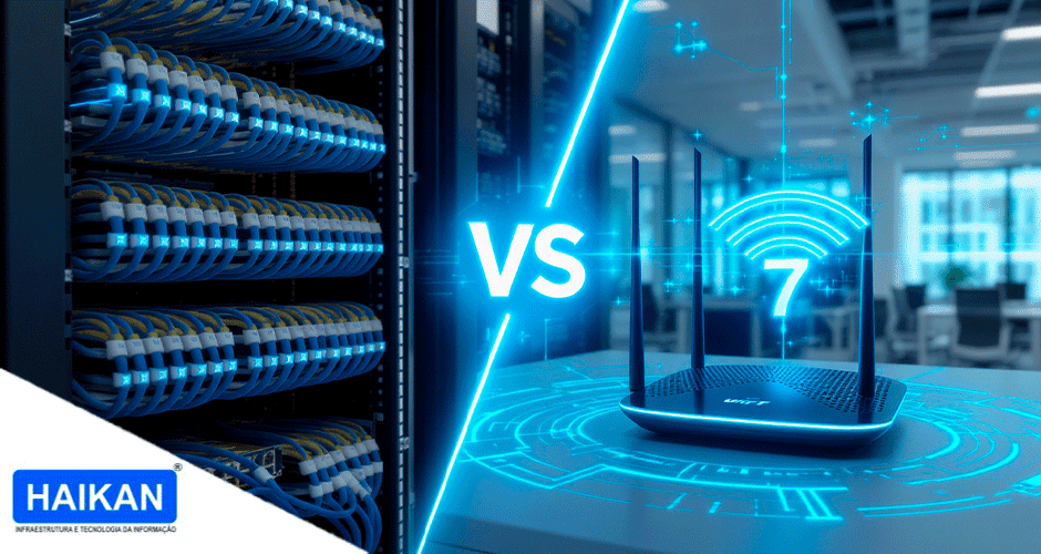 Comparação visual entre cabeamento estruturado e roteador Wi-Fi 7