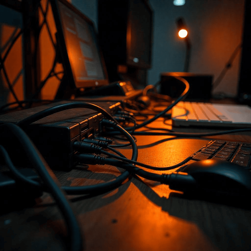 Vários cabos conectados a equipamentos eletrônicos sobre uma mesa, com iluminação laranja ao fundo