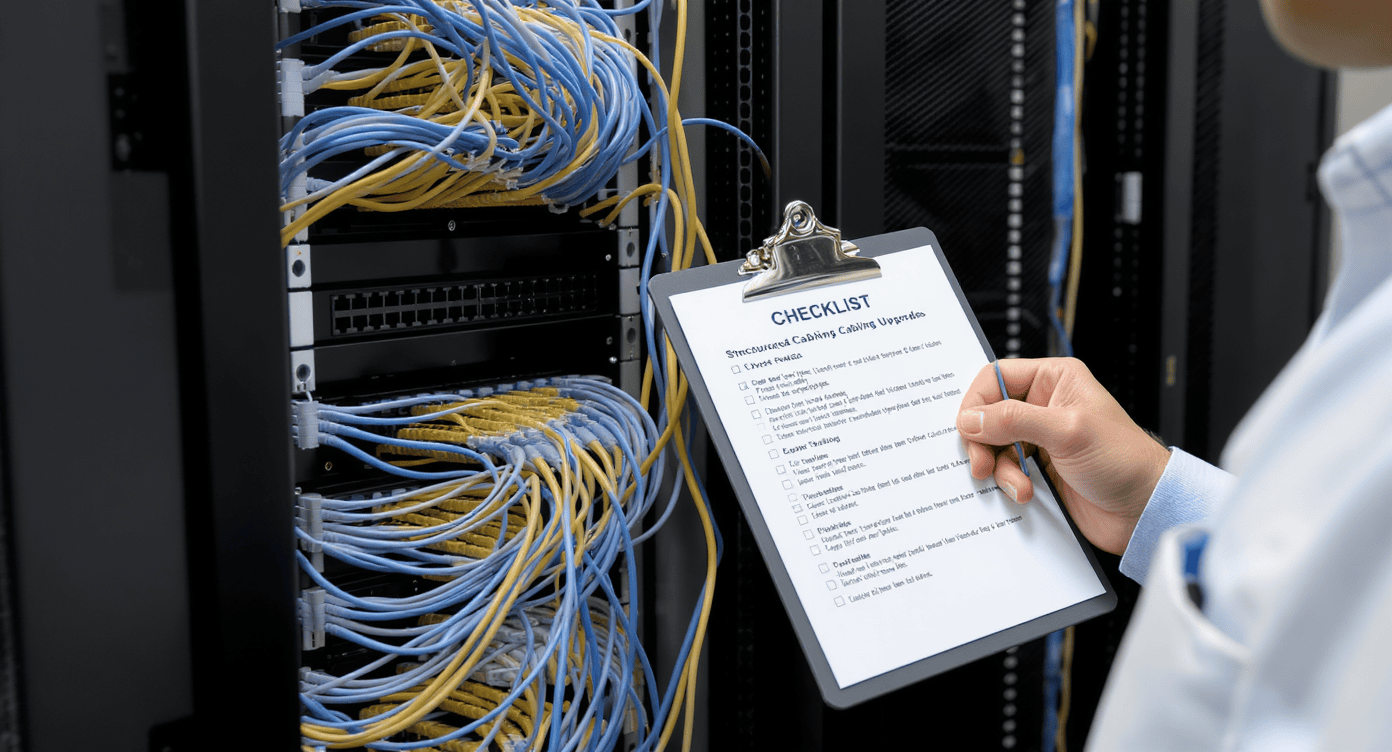 Técnico conferindo checklist de upgrade de cabeamento estruturado ao lado de rack com cabos azuis e amarelos