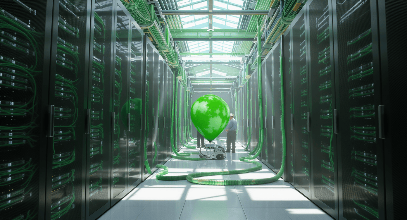 Balão verde simbolizando sustentabilidade em corredor de datacenter com cabeamento ecológico