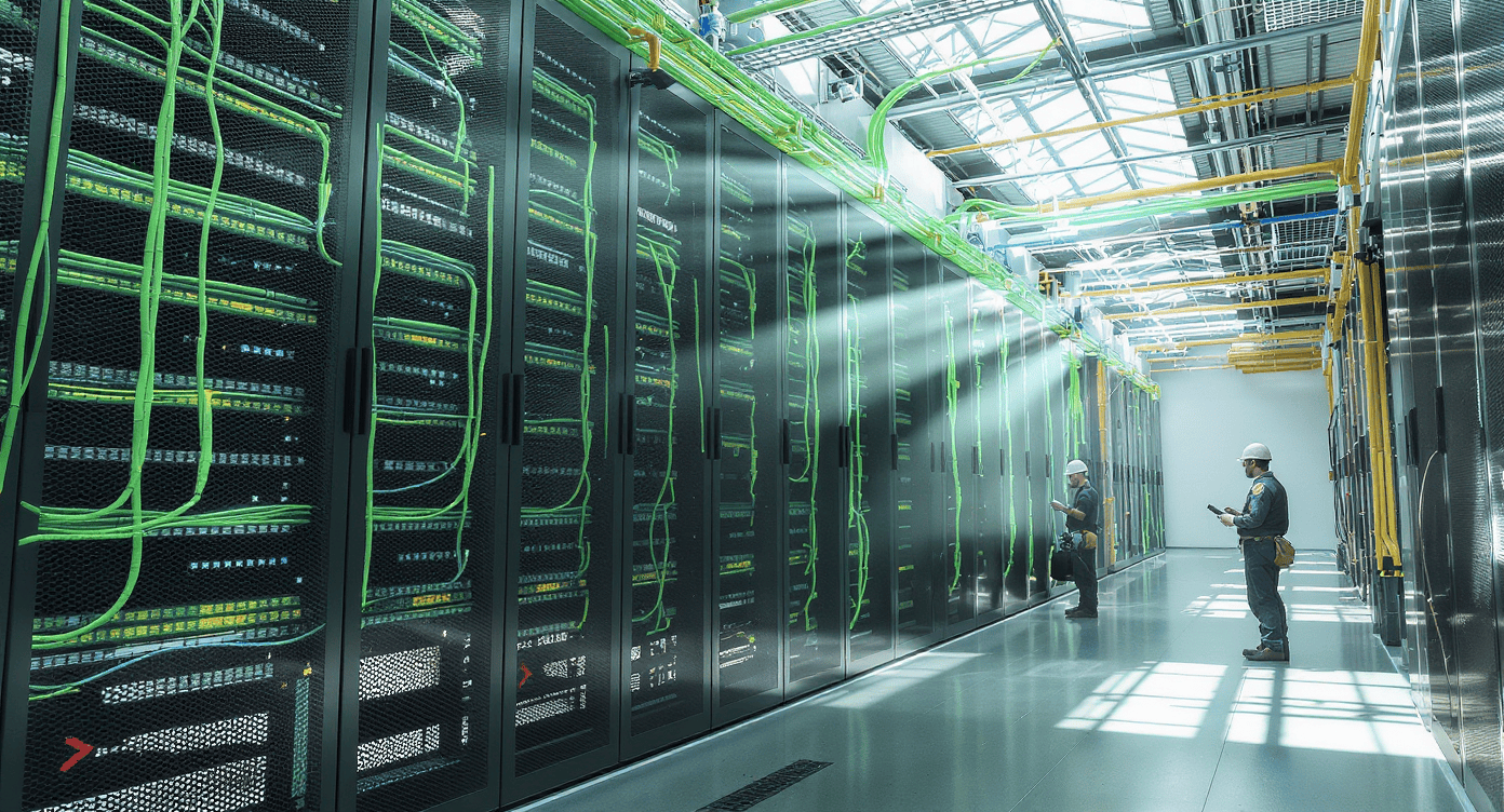 Técnicos analisando cabeamento verde em datacenter com iluminação natural