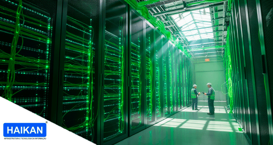 Datacenter moderno com cabeamento verde iluminado e dois profissionais em inspeção