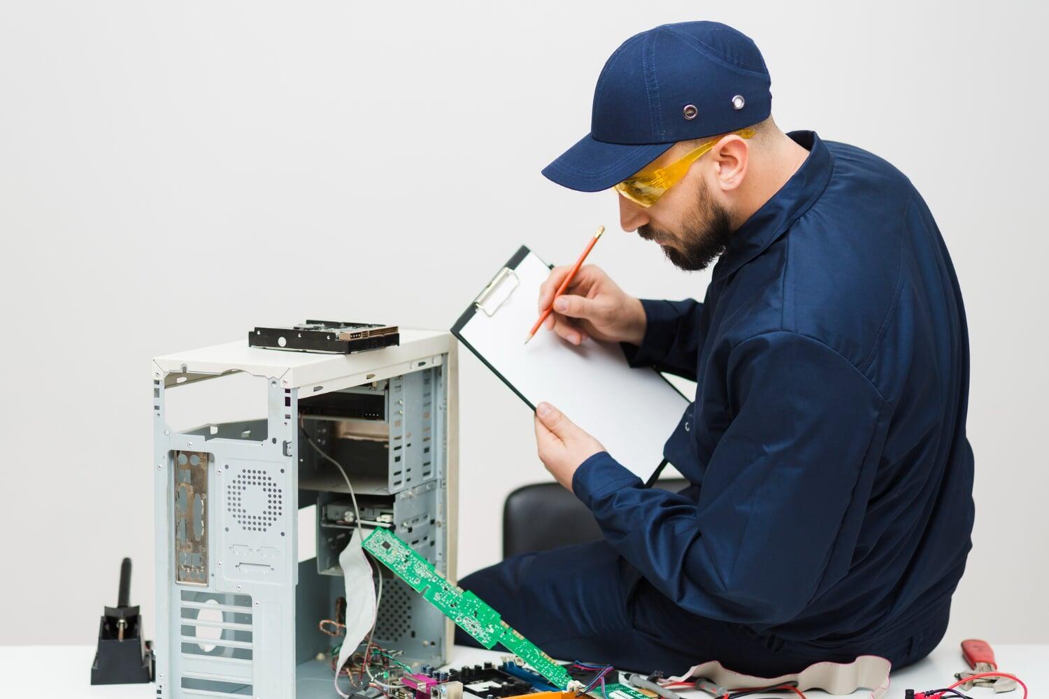 Técnico analisando componentes internos de computador desmontado