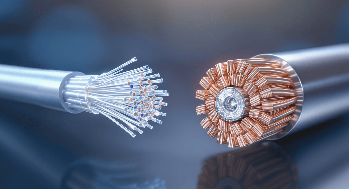 Comparação entre fibra óptica e cabo de cobre com detalhes internos destacados