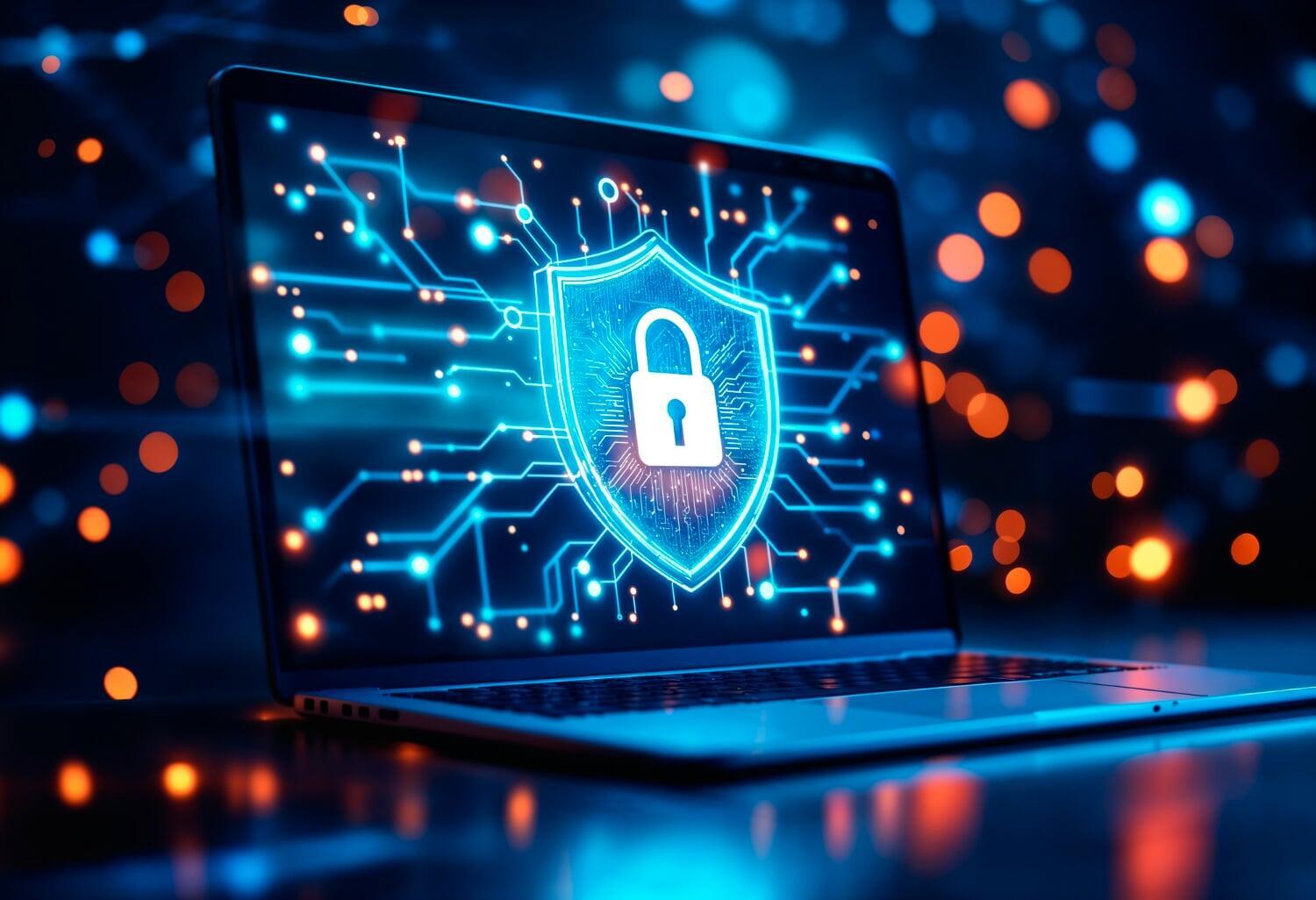 Tela de notebook com ícone de segurança digital em destaque, representando proteção de dados em redes