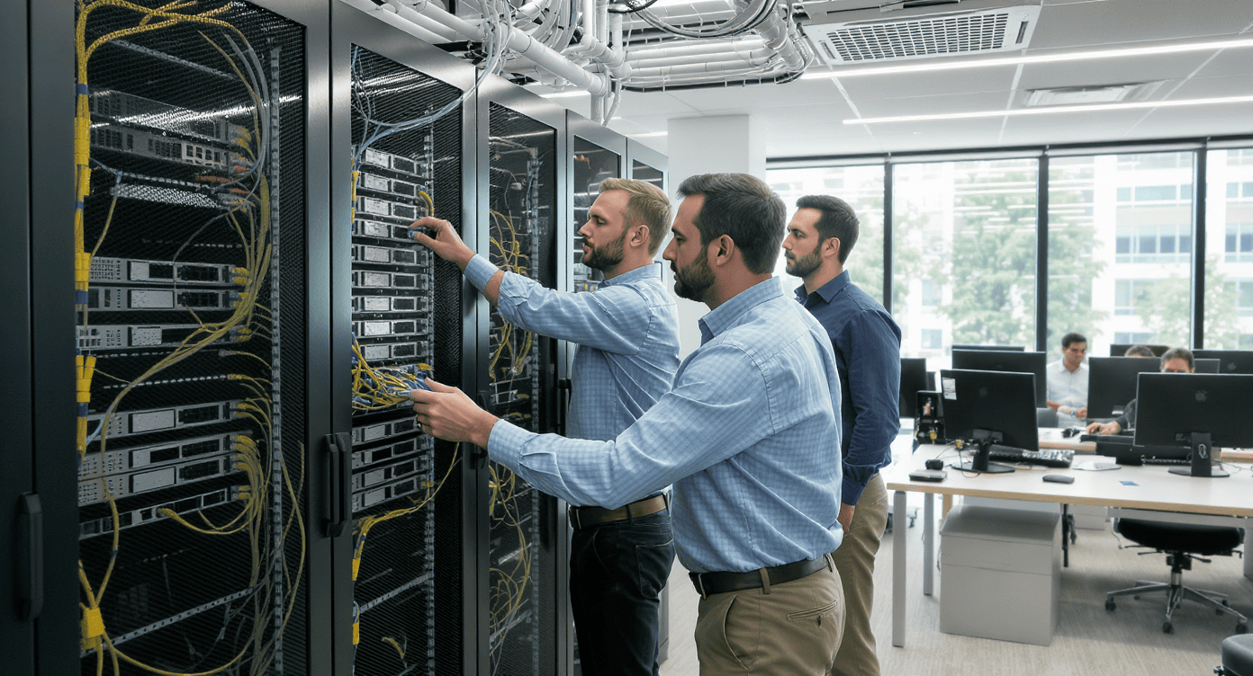 Técnicos analisando infraestrutura de rede empresarial em data center moderno com cabeamento estruturado
