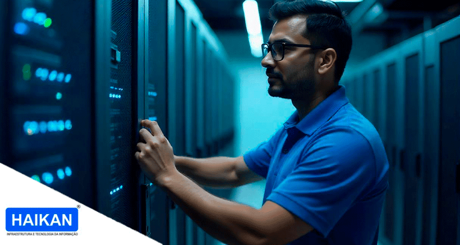 Técnico de TI realizando manutenção preventiva em servidores de data center para garantir funcionamento contínuo