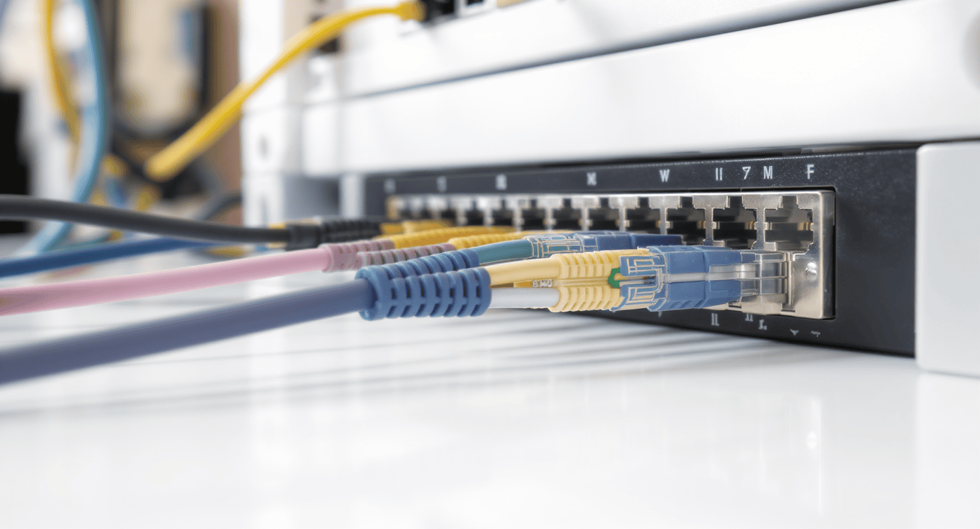 Patch panel com cabos conectados coloridos