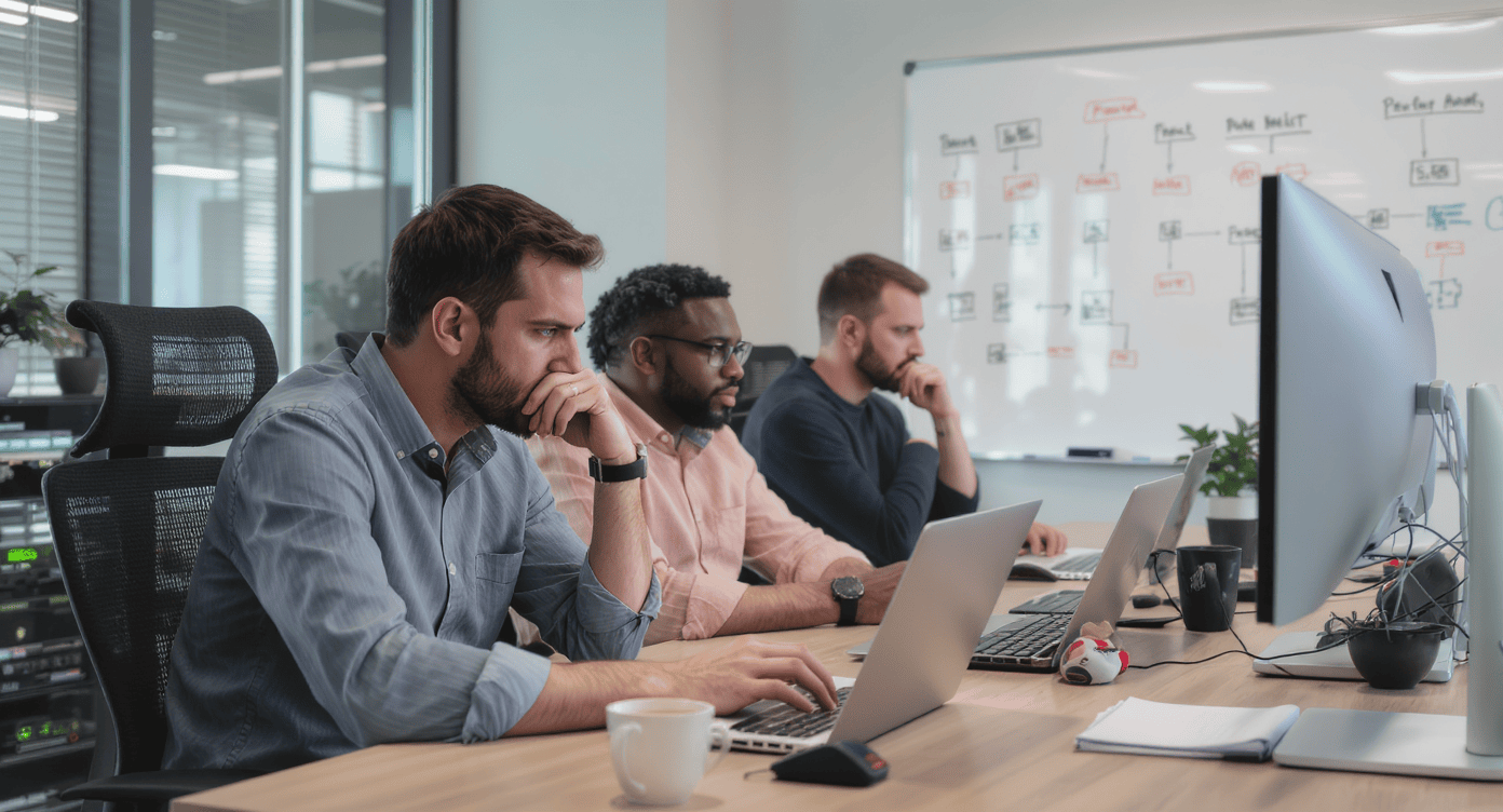 Equipe de TI planejando soluções e analisando dados em ambiente corporativo com quadro de processos
