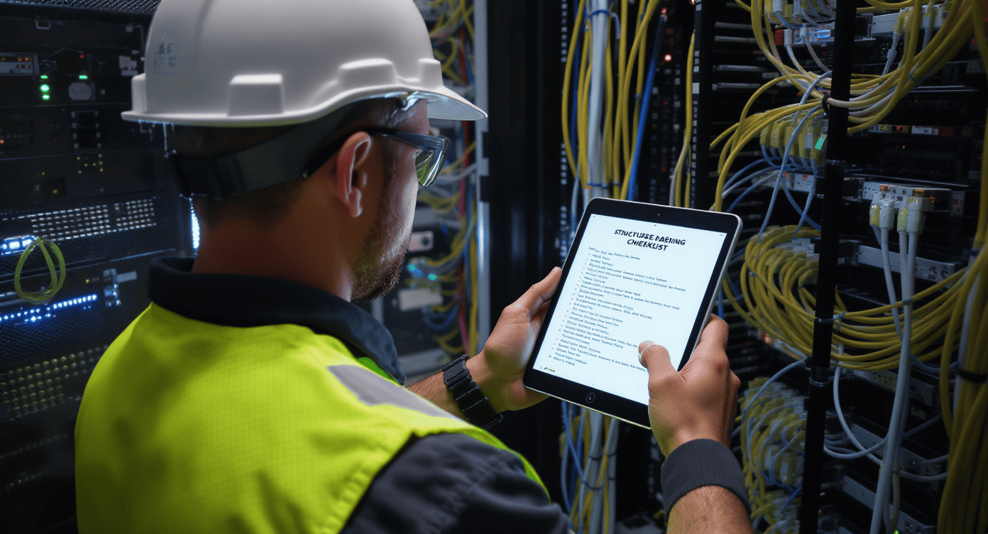 Engenheiro com capacete acessando lista de verificação de cabeamento