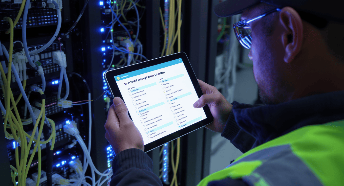 Técnico verificando checklist digital de cabeamento estruturado
