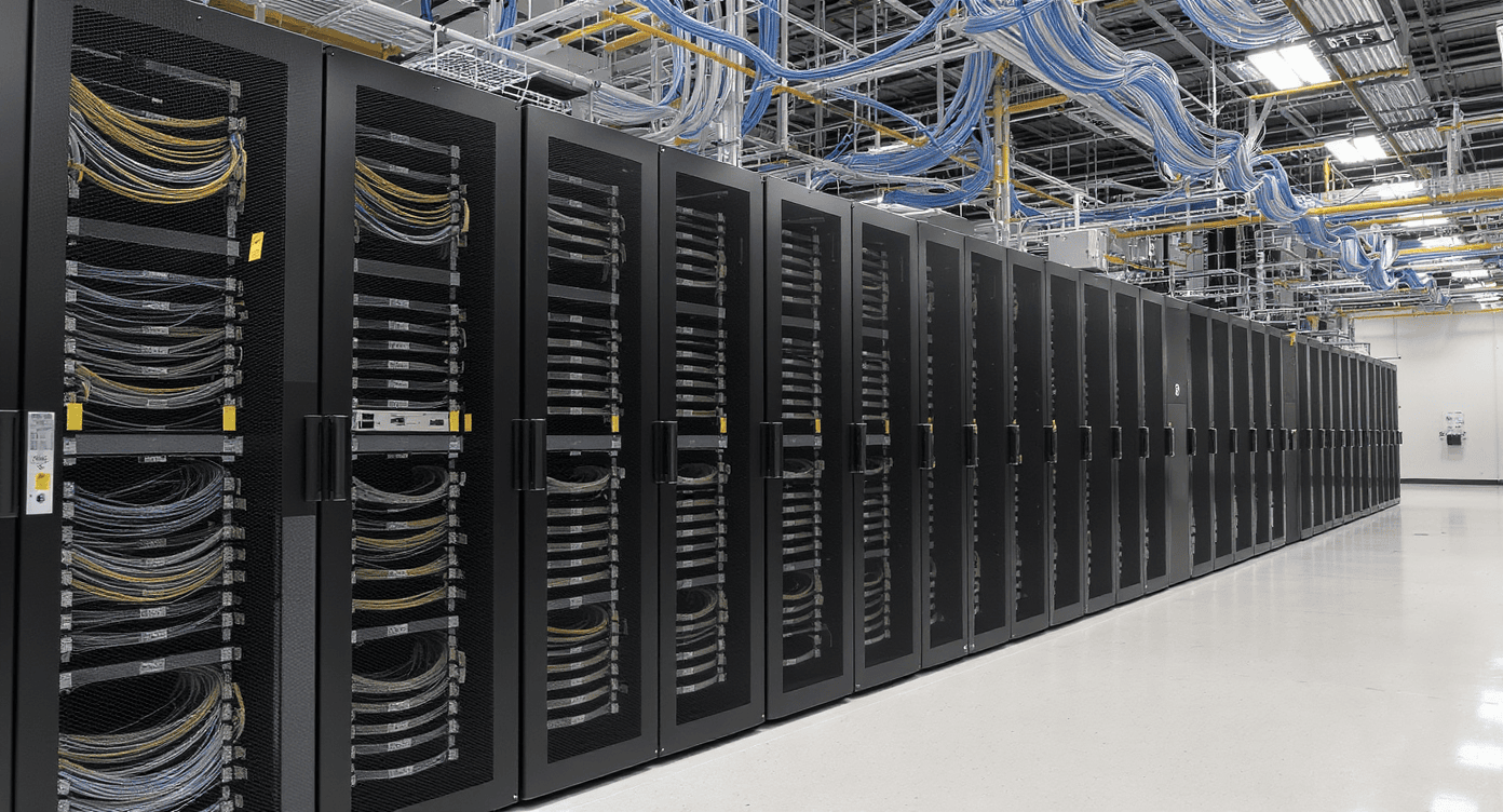 Data center com fileiras de racks organizados e cabeamento estruturado para alta disponibilidade