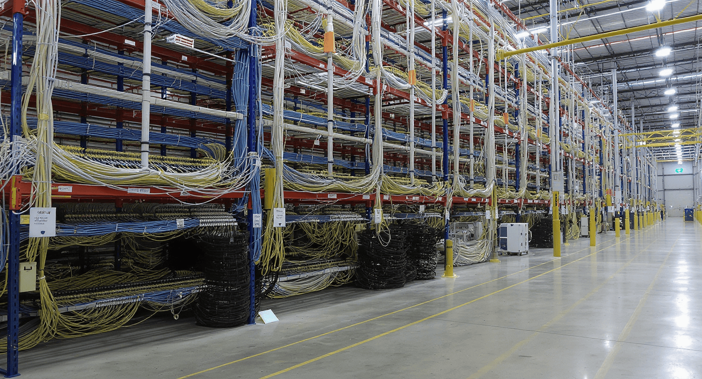 Grande estrutura de cabeamento em ambiente industrial com organização de fios para missão crítica