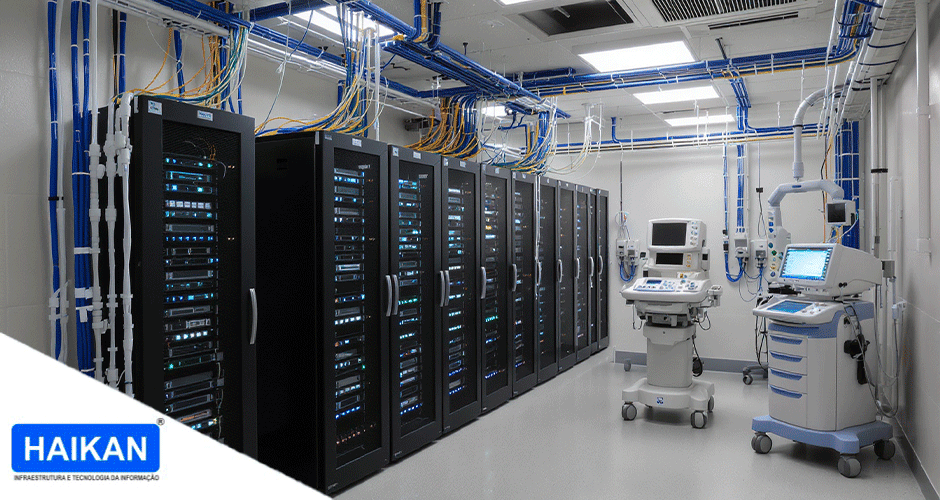 Sala técnica de hospital com racks de servidores, equipamentos médicos e cabeamento estruturado