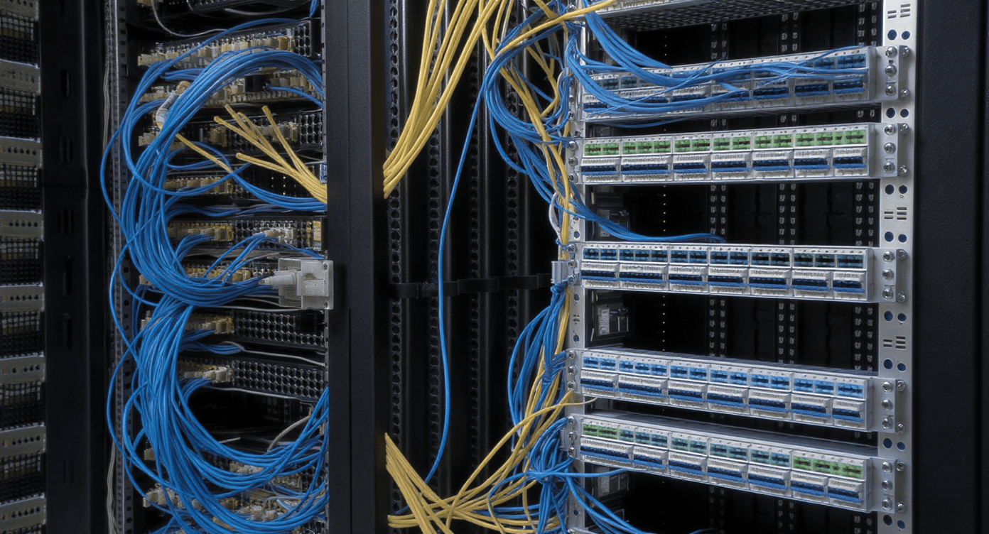Painel técnico com cabeamento organizado em rack de data center
