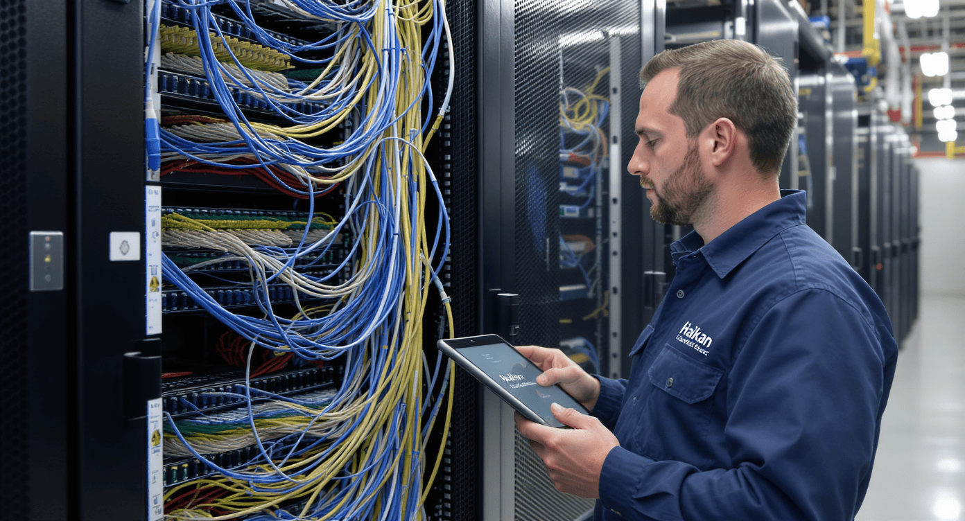 Técnico da Haikan inspeciona rack com cabeamento estruturado usando tablet