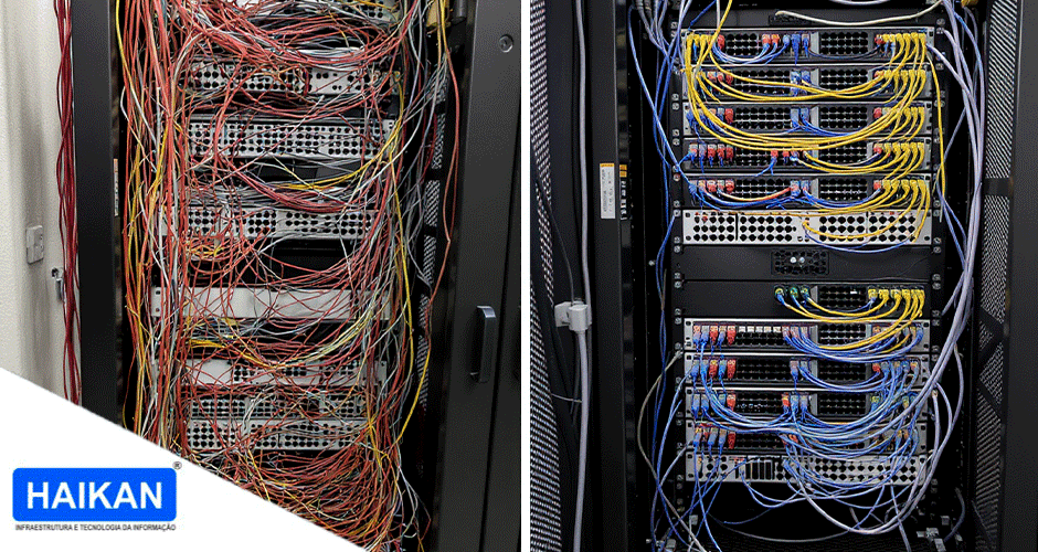 Comparação entre rack desorganizado e montagem limpa com cabeamento estruturado