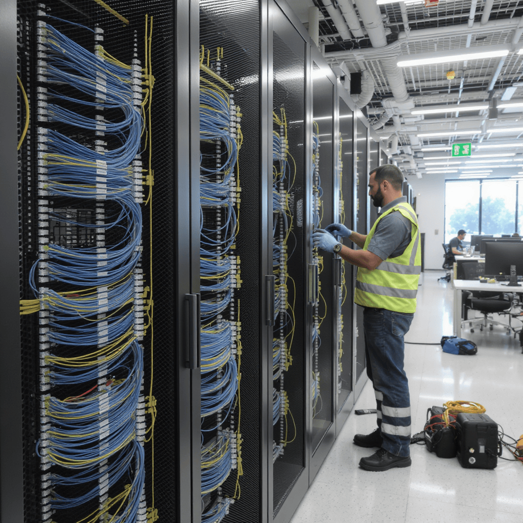 Técnico com colete refletivo organizando cabos em data center moderno