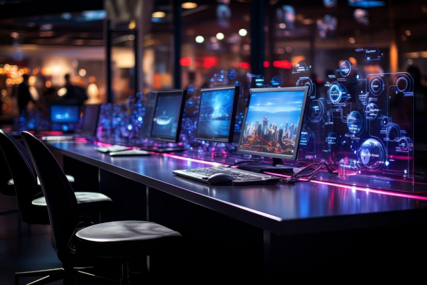 Fileira de computadores em estação moderna de tecnologia com interface holográfica