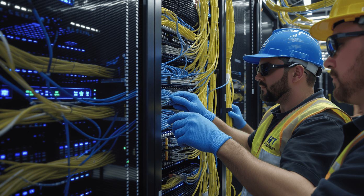 Técnicos realizando migração de cabeamento em datacenter com operação ativa