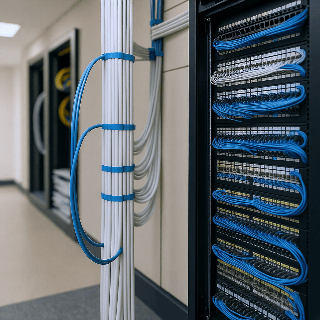 Feixe de cabos organizados com fitas azuis conectando rack de rede