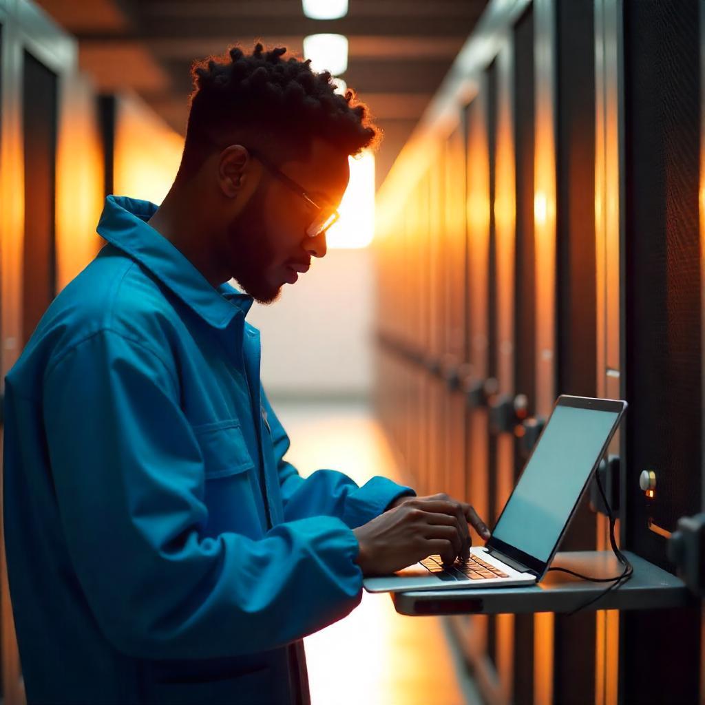 Homem com jaqueta azul digitando em um notebook em um data center com luz do pôr do sol ao fundo