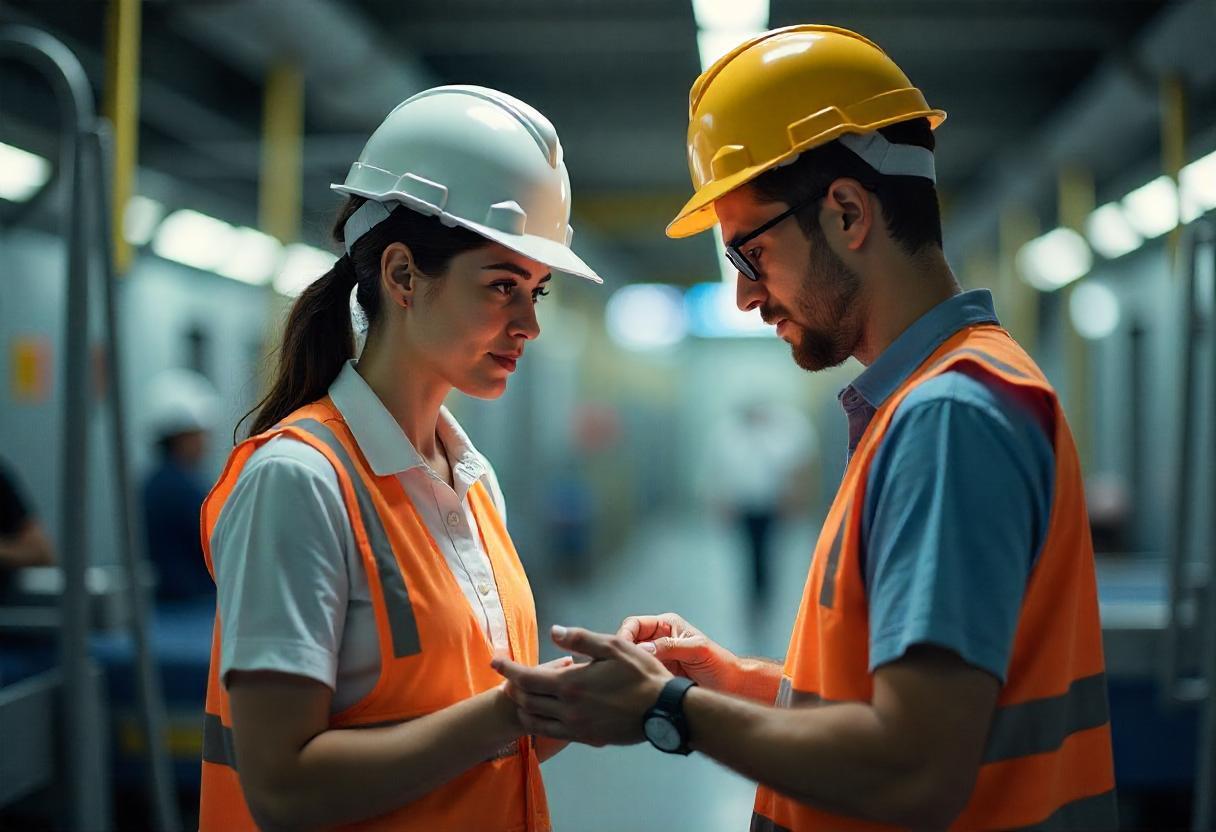 Engenheiros conversando em ambiente industrial com capacetes e coletes de segurança