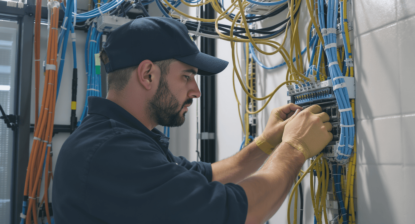 Instalador conectando cabos amarelos e azuis em painel de rede