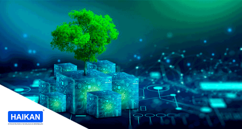 Árvore em volta de dados, representando sustentabilidade ambiental na infraestrutura de TI
