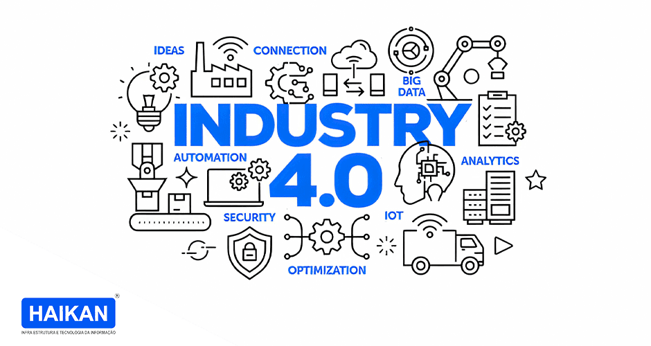 A palavra indústria 4.0 escrita em azul cercada por ícones