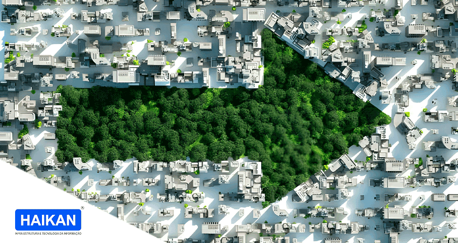Uma vista aérea de uma cidade com uma seta verde formada por árvores
