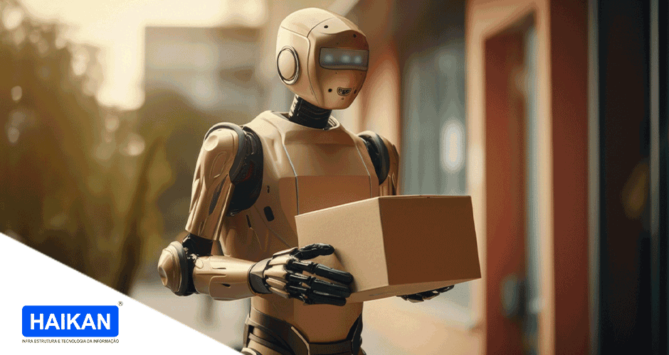 Um robô segurando uma caixa de papelão nas mãos